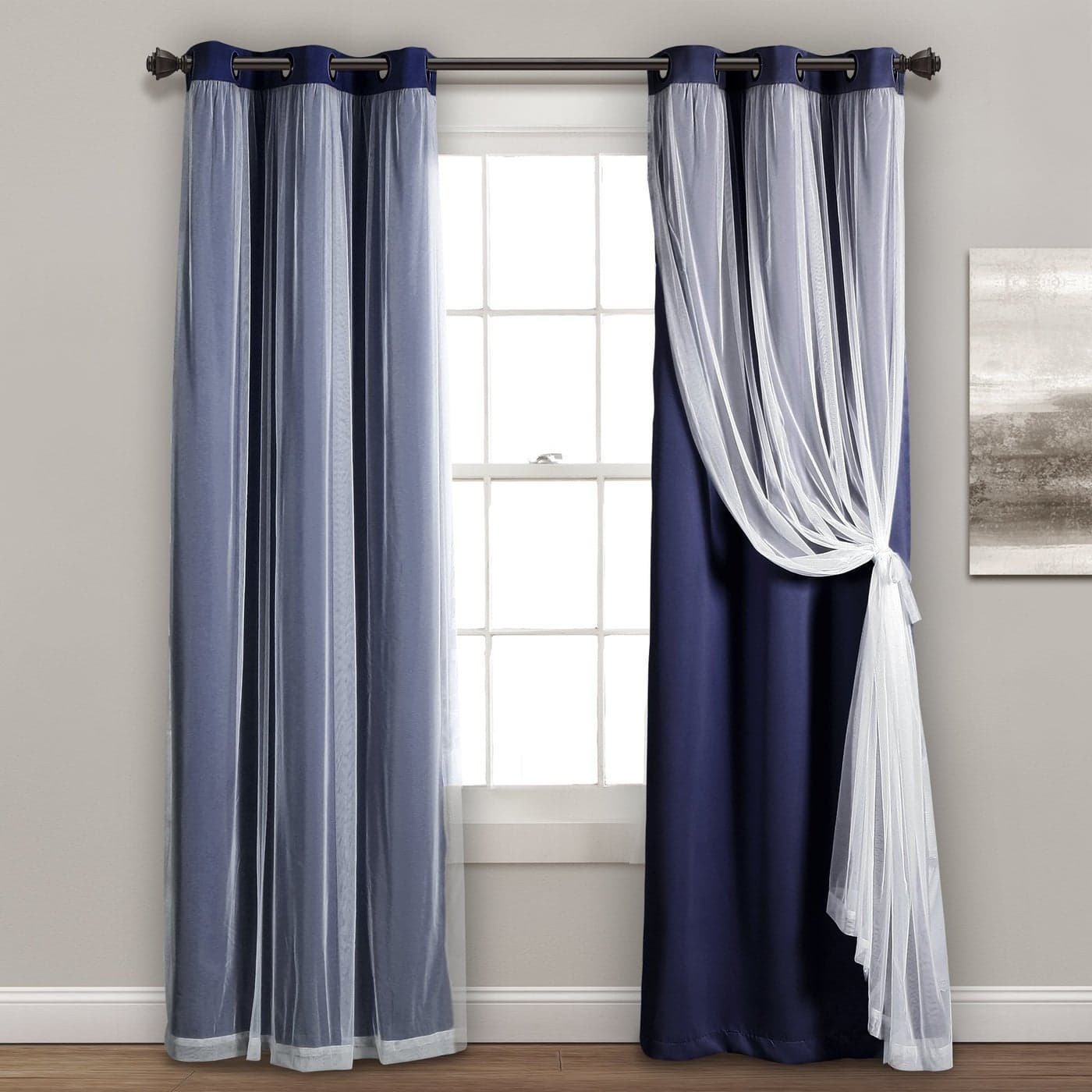 Lush Decor Sheer Grommet Curtains With Insulated Blackout Lining Window Curtain Panels Pair 38W x 84L Navy Curtain With Sheer Overlay Elegant Blackout Curtains for Bedroom