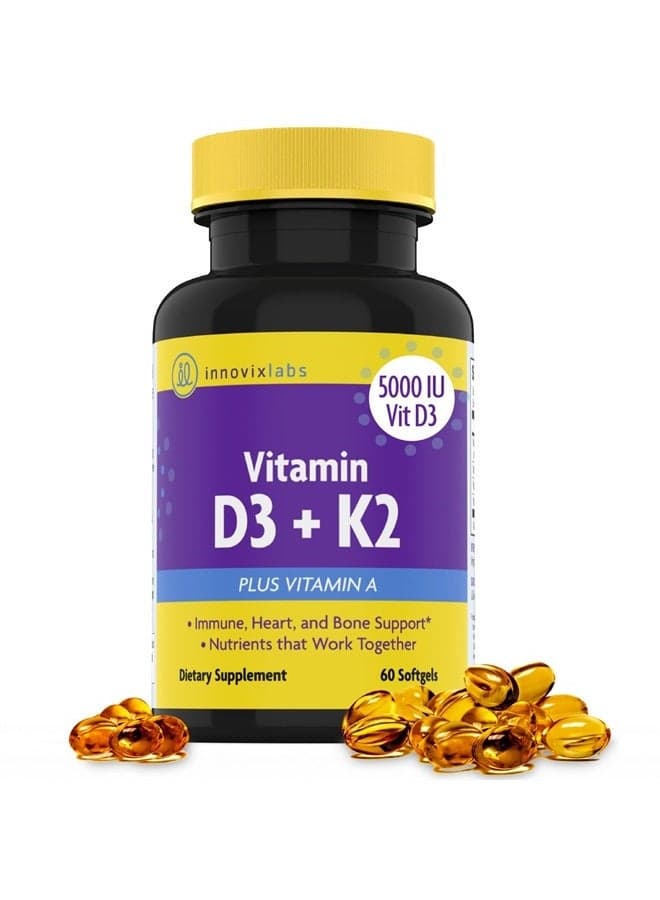 Vitamin D3 K2 Supplement - ADK with VIT D3 5000 IU & Vitamin A - 600 mcg Vitamin K2 MK7 MK4 - D & K for Optimal Calcium Absorption, Bone Health & Immune Support, 60 Capsules