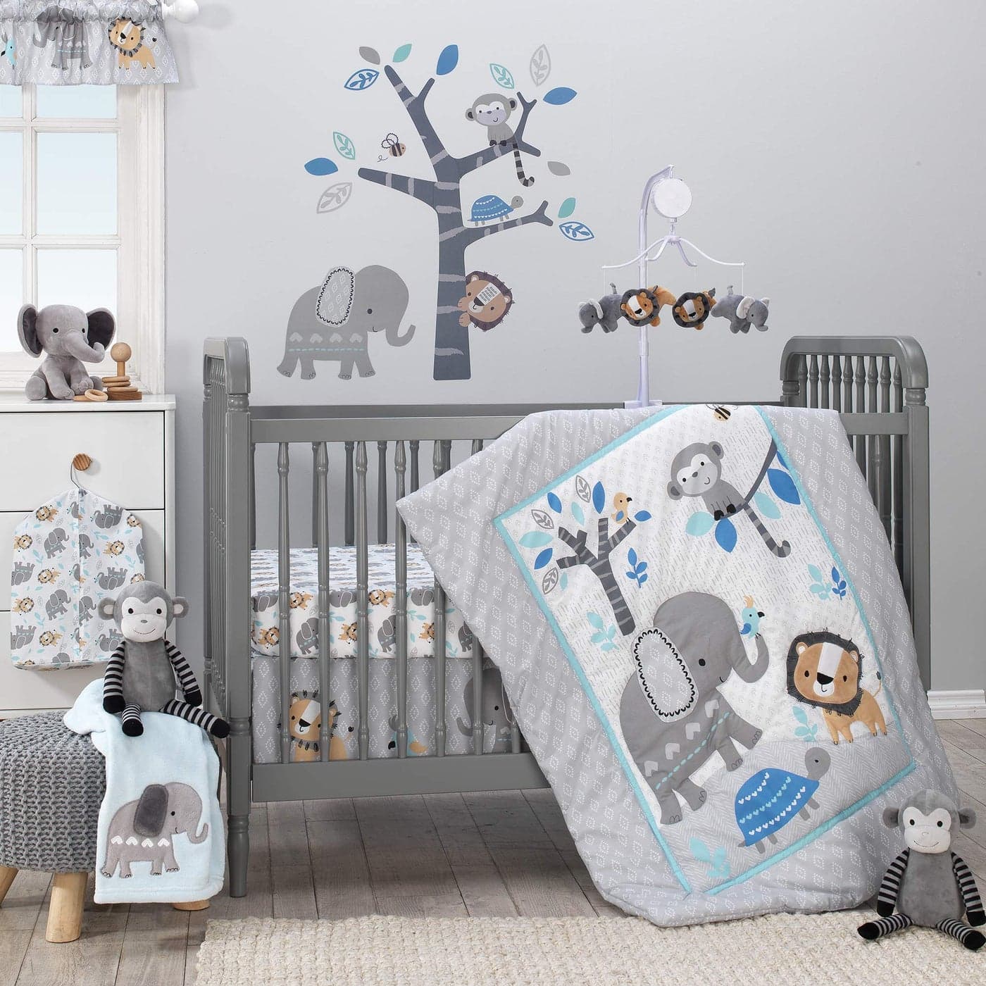 Bedtime Originals Jungle Fun 3Piece Crib Bedding Set BlueGrayPack of 1