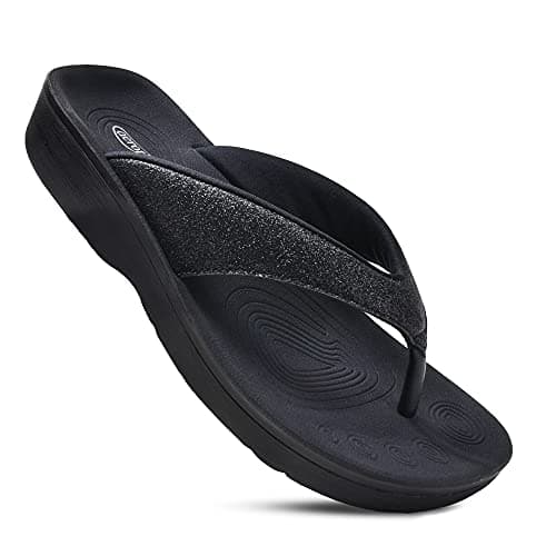 AEROTHOTIC Slip On Recovery Footwear Plantar Fasciitis Flip Flops for Women Yoga Mat Outdoor Walking Beach Ladies Arch Support Summer Thong Dressy Casual Sandals (Crystal Black, size 11)