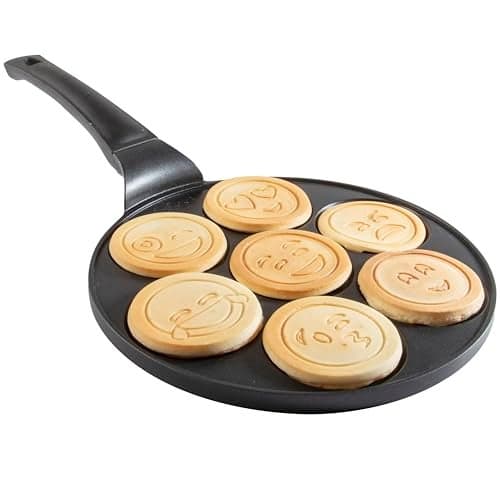 Good Cooking NonStick Emoji Smiley Face Pancake Pan w 7 Fun Mini Faces- Large Skillet Griddle Stovetop Makers- Pan Cakes for Kids Holiday Breakfast, Brunch Parties, Birthday Xmas Stocking Stuffer Gift
