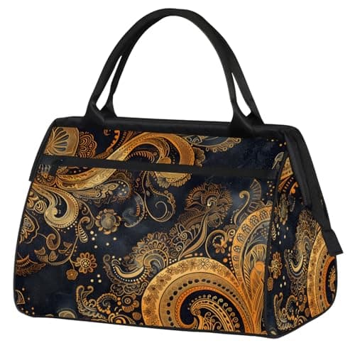 Overnight Weekender Bag for Women Men Gold Ethnic Paisley Waterproof Carry On Travel Duffel Bags with Zipper Lightweight Sports Gym Bag Luggage Workout Handle Bags for Traveling Yoga Camping