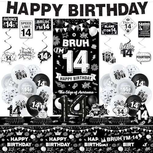 KOTLMIGHT 14th Birthday Decorations for Boys Black Bruh Im 14 Birthday Party Decor Supplies for 14 Year Old Boy Backdrop Banner Tablecloth Centerpieces Hanging Swirl Hat Wall Signs