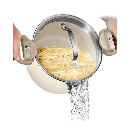 GOTHAM STEEL 5 Qt Ceramic Stock Pot Multipurpose Pasta Pot with Strainer Lid & Twist and Lock Handles, Nonstick Ceramic Pot for Soup, Spaghetti, Rice, Pots for Kitchen, Dishwasher Safe - Cream