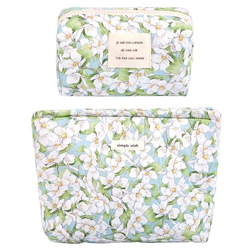 Sminra 2 Pcs Floral Makeup Bag Large Travel Cotton Quilted Cosmetic Makeup Bag Organizer, Cute Coquette Aesthetic Zipper Portable Pouch Purse Storage Toiletry Bag for Women Girls accessories