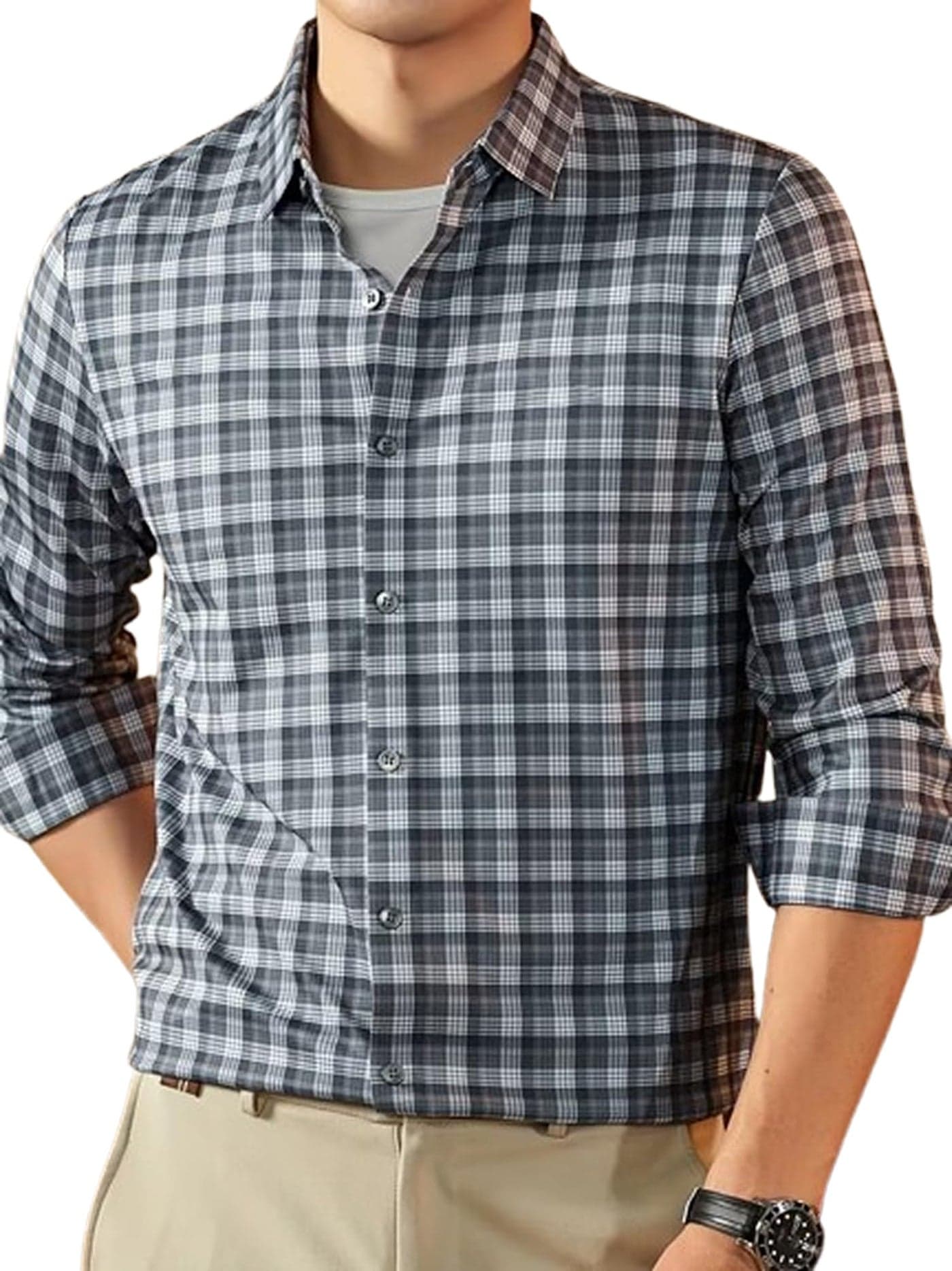 Lymio Men Shirt | Checkered Button Down Shirt for Men | Slim Fit Casual & Semi-Formal Shirts for Man | Textured Long Sleeve | Office & Weekend Ready (Packs Also Available) (Small-Checks-Grey-M)