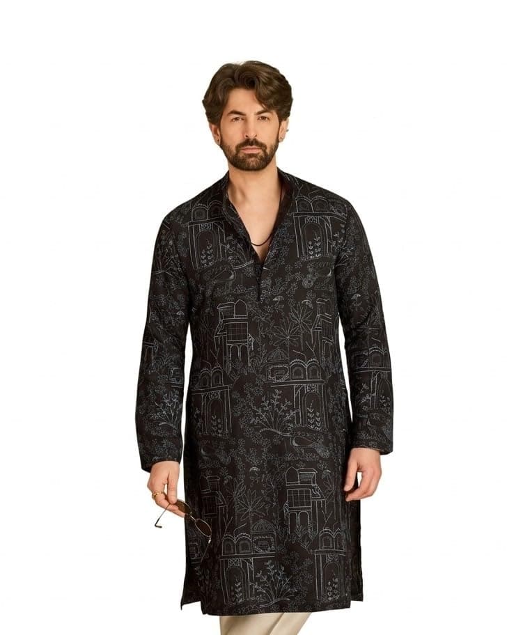 SOJANYA (Since 1958 Men's Cotton Silk Kantha Thread Embroidered Black Long Kurta