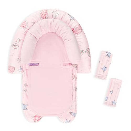 GFU Baby Car Seat Head Support for Newborn, 2 in 1 Infant Car Seat Head Body Support with Strap Pads, Soft Stroller Cushion Pillow Insert for Girls, Fits for Stroller, Swing, Pink Stars