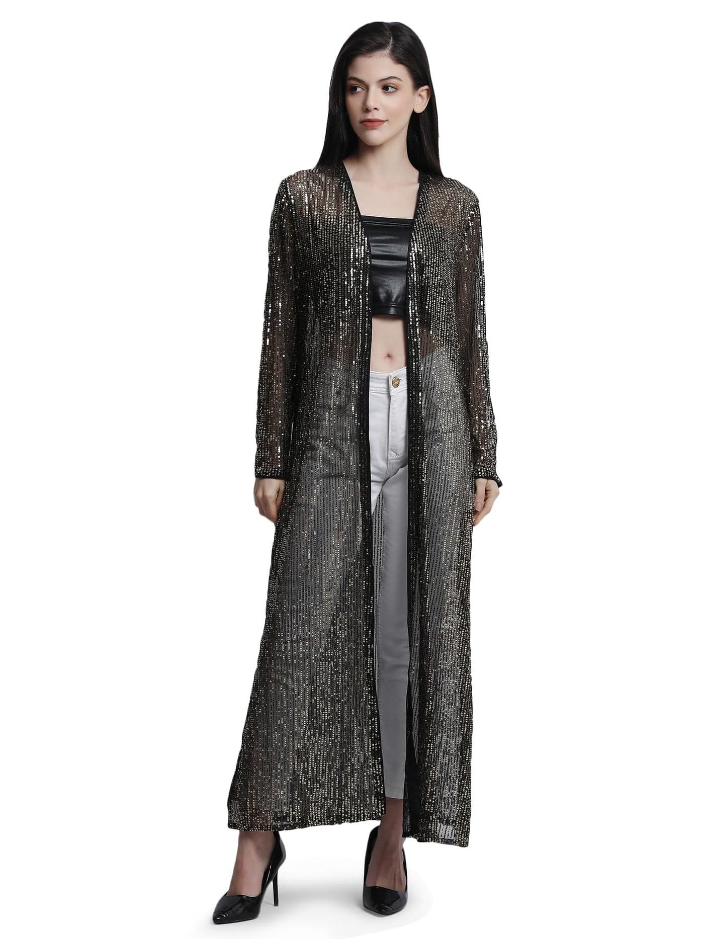 AOL Women's Long Power Net Open Neck Sequinned Shrug(Black Gold, Free Size)
