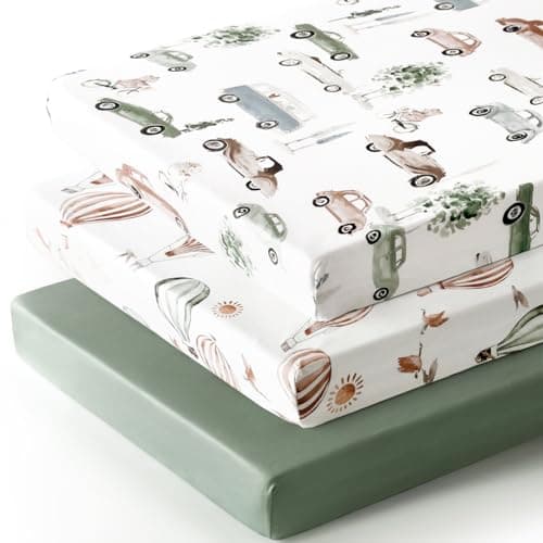 GRSSDER Pack n Play Sheets Fitted 3 Pack Stretchy Ultra Soft Jersey Knit Pack and Play Sheets Universal Fitted PortableMini Crib Mattresses Snug and Safe Neutral Pattern of Cars Print