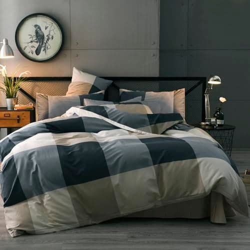 mixinni King Comforter Set Men Boys Geometric Checkered Plaid Printed Bedding Comforter for All Season Soft Lightweight Bedding Set-King Size