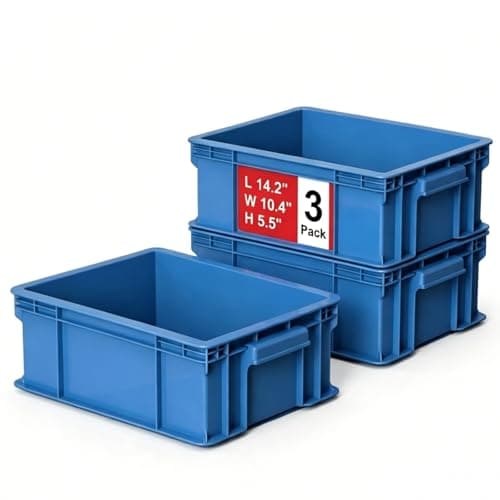 Heavy Duty Storage Bins, 3-Pack Stackable Tool Storage Box for Hardware, Screws, Nuts and Bolts, Space-Saving Straight Wall Container for Garage, Workshop & Factory, 14.2"L x 10.4"W x 5.5"H, Blue