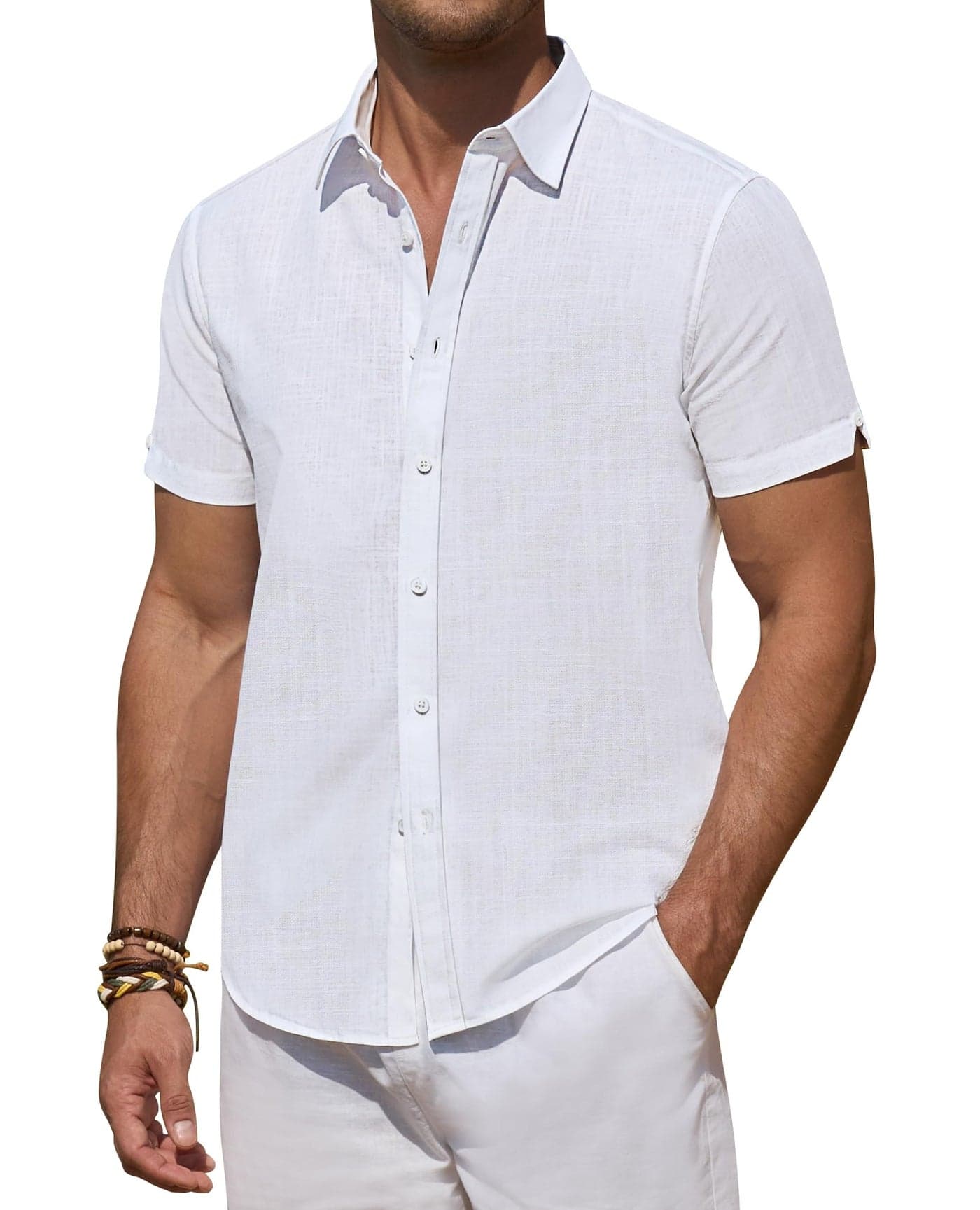 DEMEANOR White Linen Shirts for Men Short Sleeve Button Down Shirts Summer Beach Casual Linen Button Up Shirt Vacation