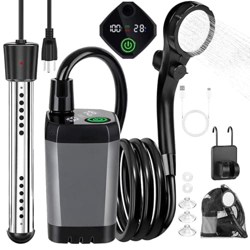 COOLIGO Portable Camping Shower with Heater, 6000mAh Rechargeable Camping Shower with 2000W Immersion Heater, LED Display, Heated Outdoor Shower for Travel, Hiking, Car, Pet