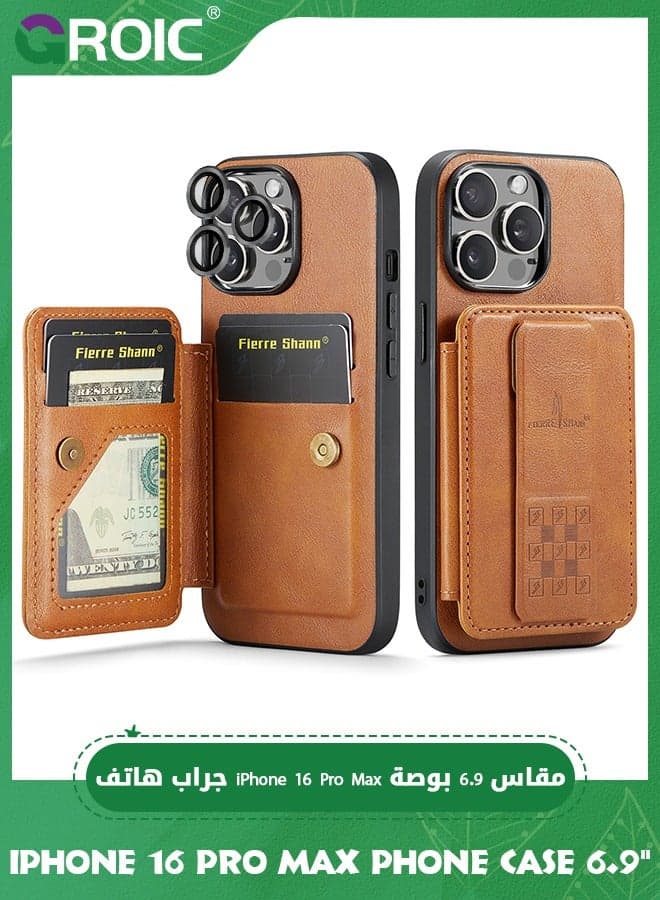 Design for iPhone 16 Pro Max Case 6.9 Inch Wallet Case with Camera Lens Protective Film, Back Flip Wallet Case with Kickstand, Magnetic MagSafe, Card Holder Slots Protective Full Protection Cover