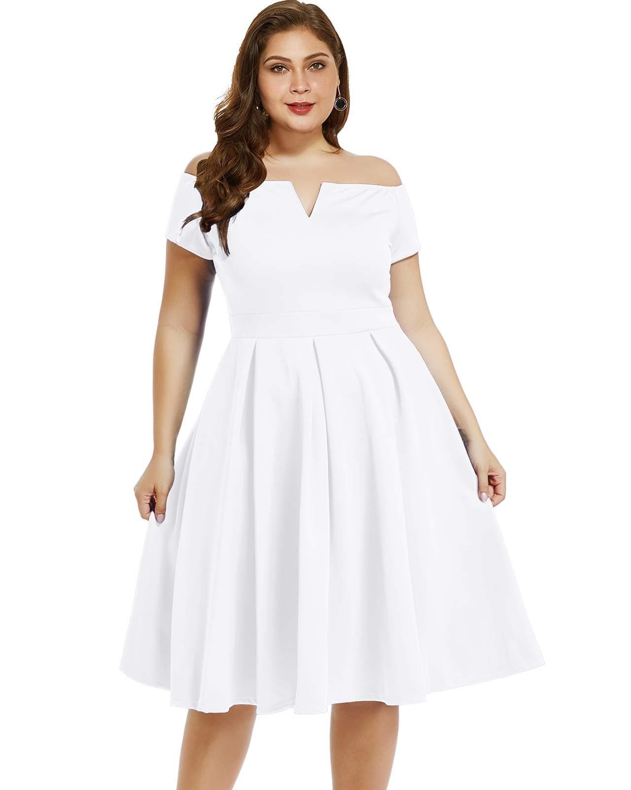 LALAGEN Women's Plus Size Vintage 1950s Party Cocktail Wedding Swing Midi Dress White L