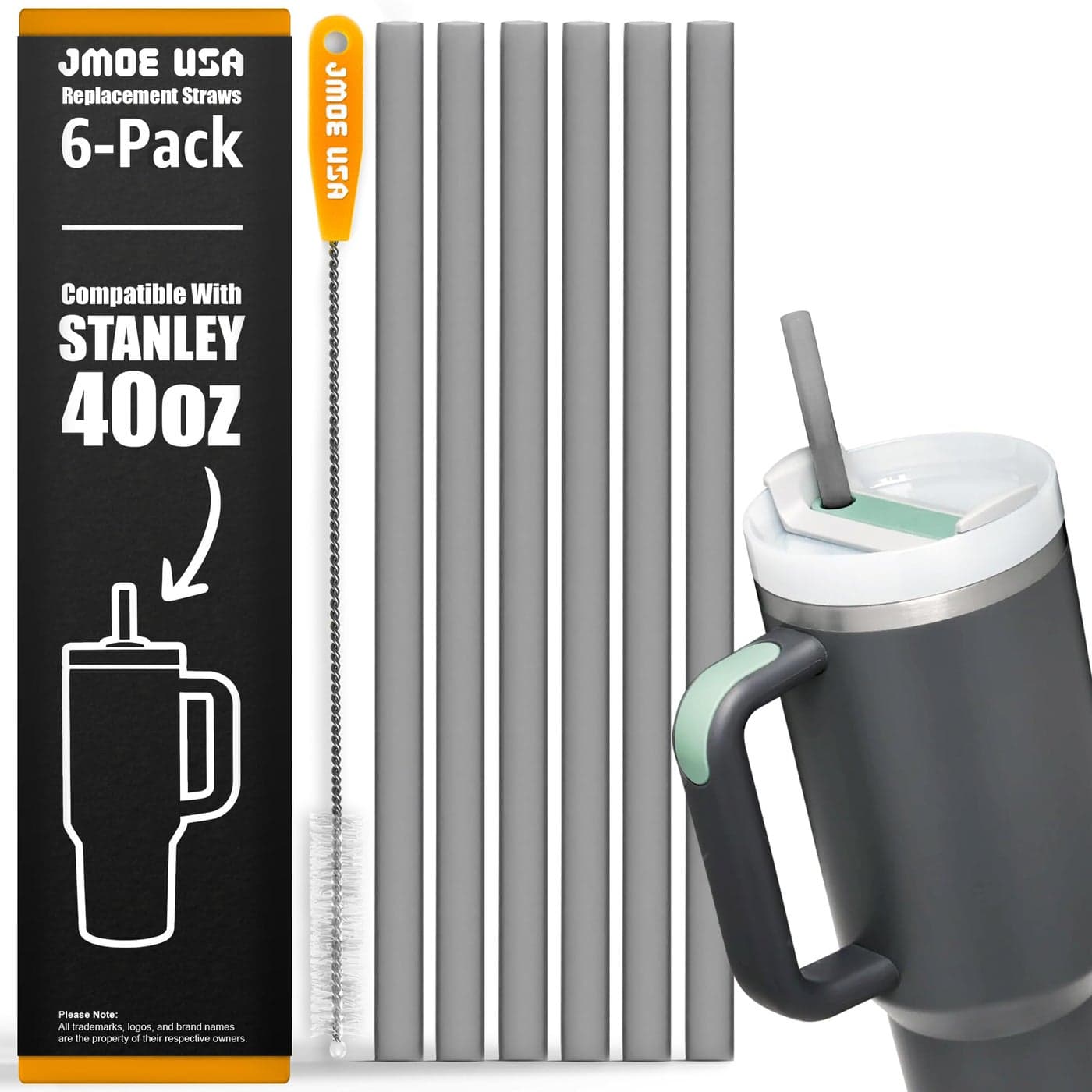 Jmoe USA 12 Replacement Straws for Stanley 40oz 30oz Tumblers Fits Reduce 50 oz 40 oz Cold1 Tumblers 6Pack of Reusable Plastic Straws With Cleaning Brush Food Grade BPA Free Black