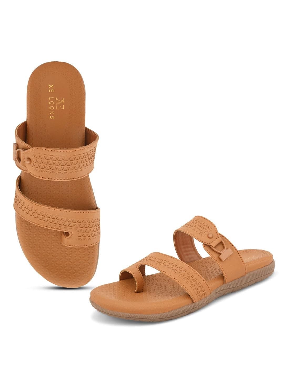 XE Looks Women's Tan Double-Adjustable Straps Slipper | Textured Design | Stylish & Comfortable Slippers For Girls & Women