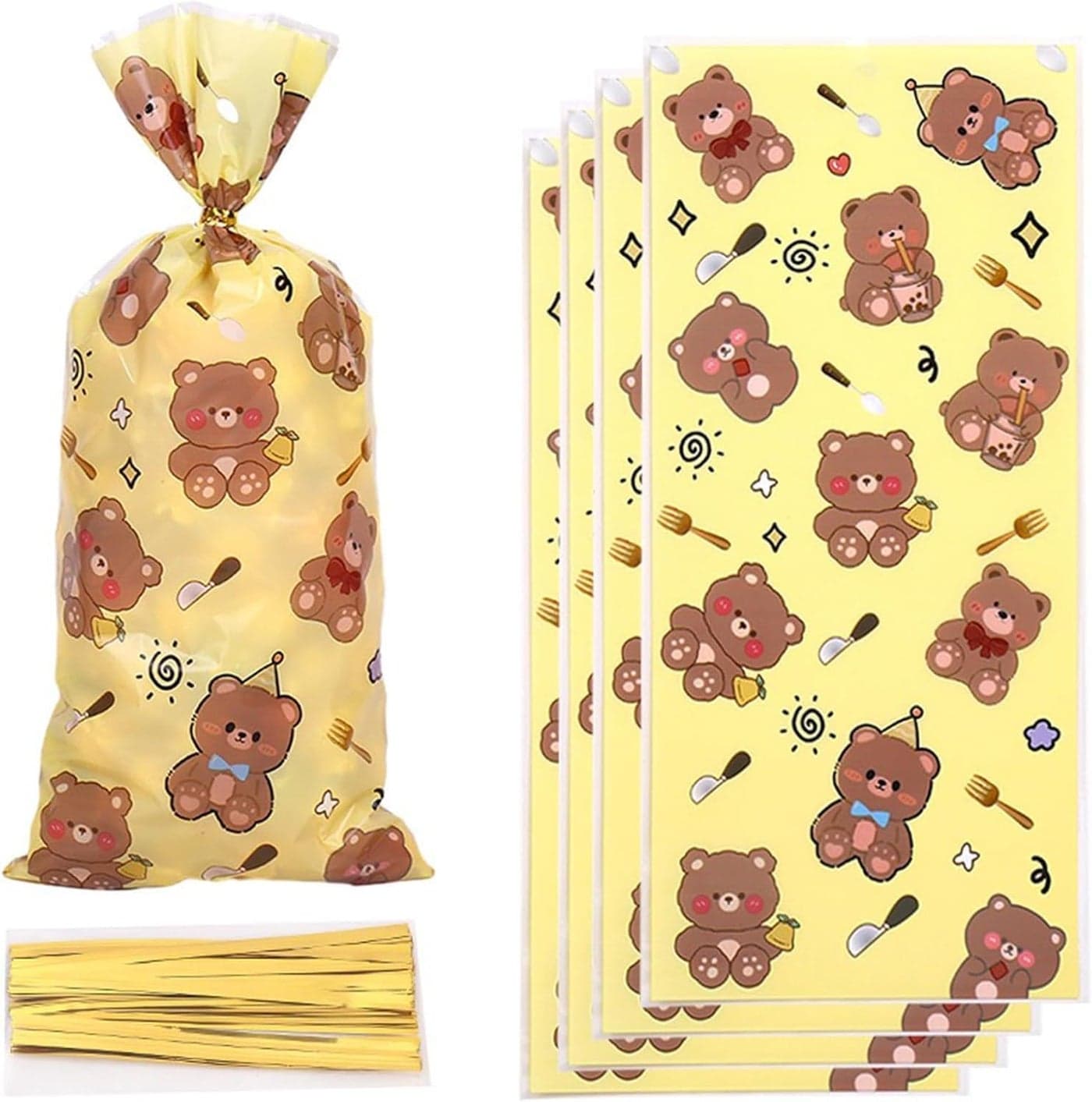 50 Pcs Cute Bear Party Gift Bags, Yellow Goodie Candy Bags with Twist Ties, Bear Sweets Bags for Kids, Birthday & Halloween Party Favors