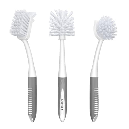 SetSail Dish Brush Set of 3 Piece, Dish Scrub Brush with Long Handle Deep Cleaning Brush with Scraper Tip for Kitchen Dishes Bottle Cup Pot Pan, Grey