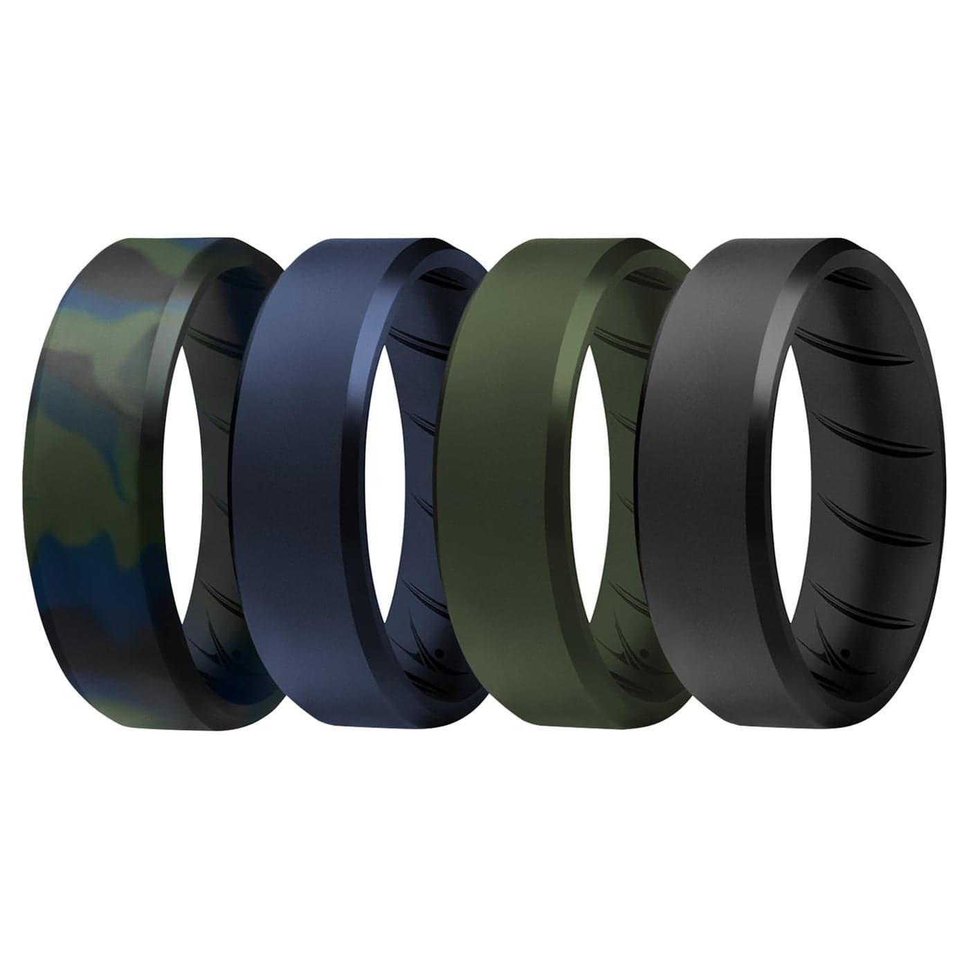 ROQ Men's Silicone Rings, 4-Pack Beveled Edge (Olive Blue Camo, Black, Green, Size 8) - Mens Silicone Wedding Band & Rubber Engagement Ring for Men - Breathable Comfort Fit Silicone Rings for Him