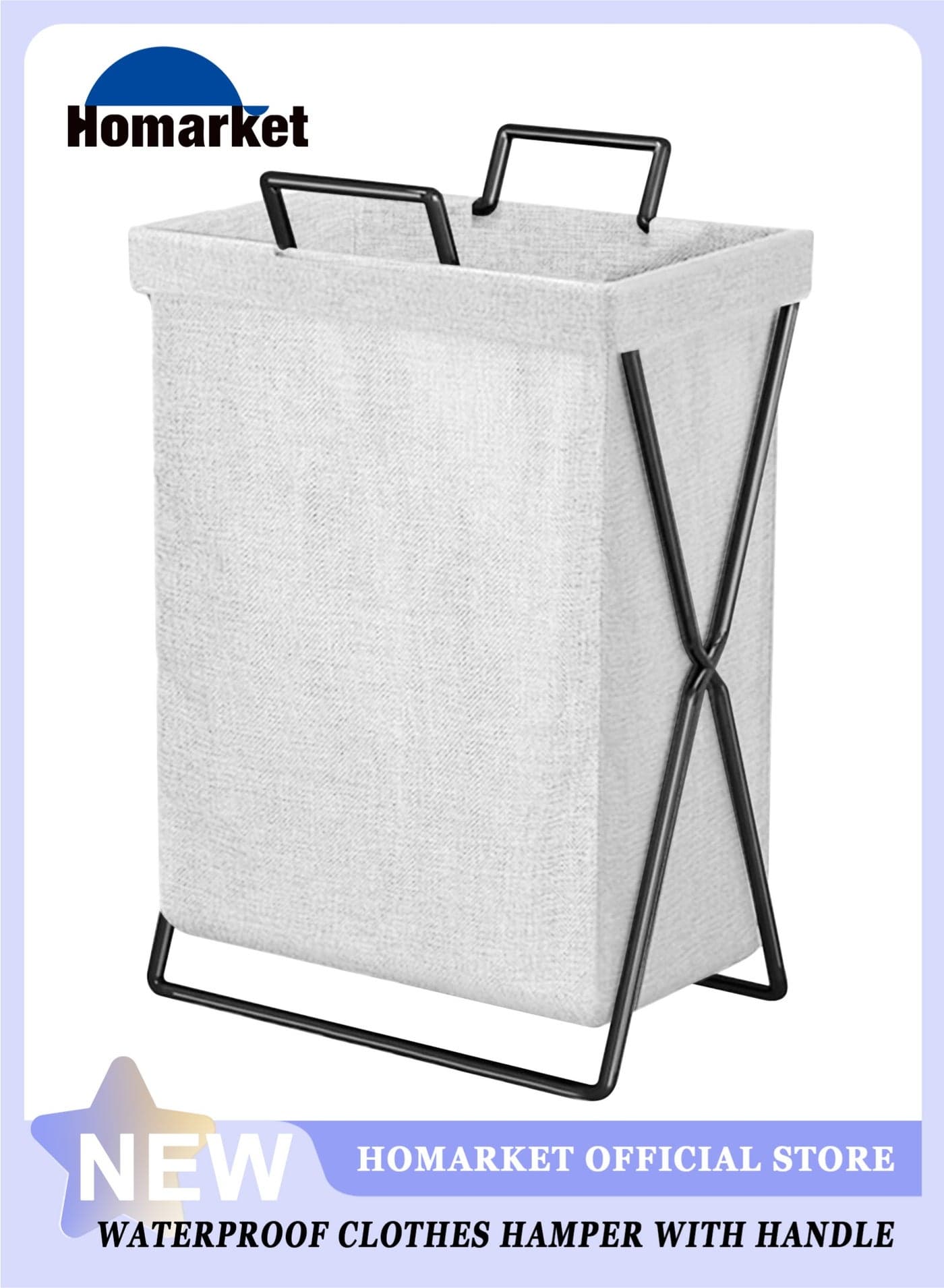 Foldable Laundry Basket with Stainless Steel Frame, 50L Collapsible Waterproof Laundry Basket, Laundry Hamper Bag Washing Bin Clothes Bag Organizer Storage Basket Hamper for Clothes Toys (White)