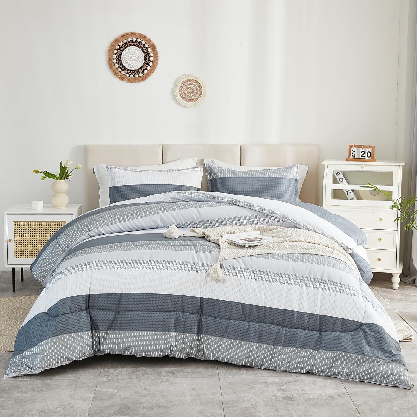 Litanika Light Grey California King Comforter Set 3 Pieces Cal King Lightweight Gray White Colorblock Stripe Bedding Comforter Sets Fluffy Bed Set