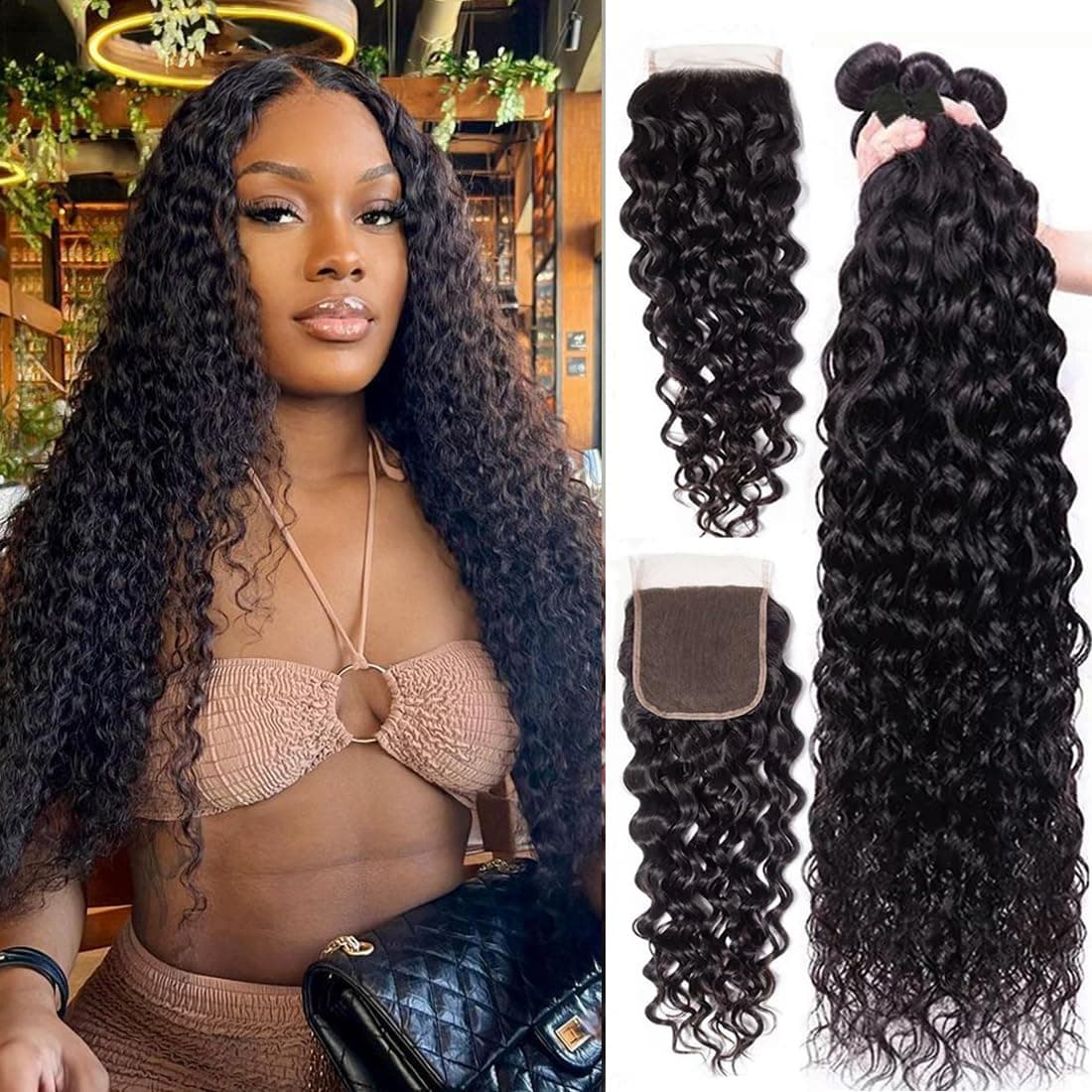 Taziza Human Hair Bundles with Closure Water Wave16 18 2014Free Part Brazilian Virgin Human Hair 3 Bundles and Closure Wet and Wavy Natural Color