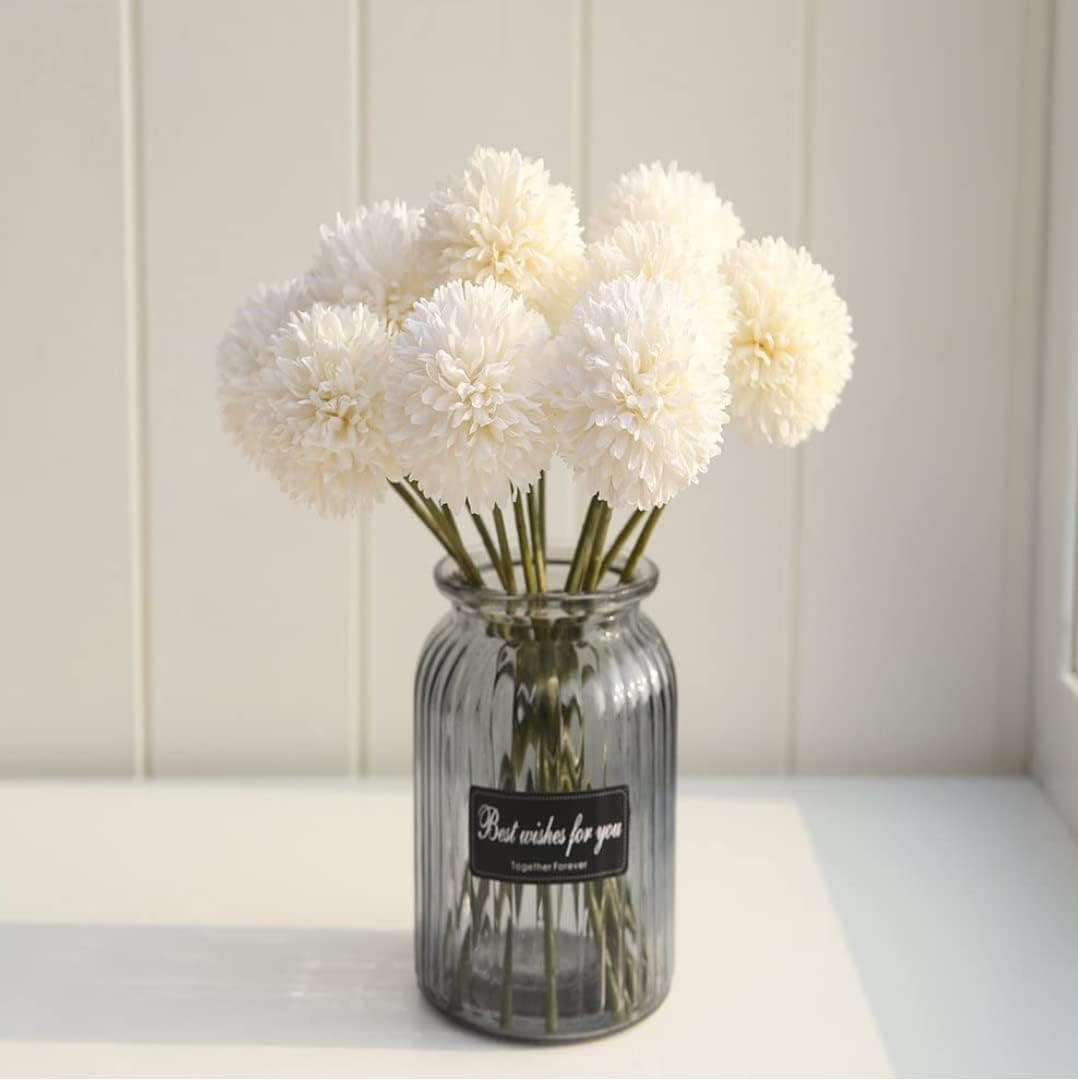 VRB Dec 5pcs Dahlia Artifical Chrysanthemum Flower Ball Fake Flowers for Gifting, Home, Office, Bedroom Decoration Items Flowers for Vase (Without Vase Pot) (5, Off-White)