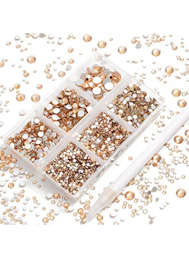 AD Beads 4300 Pieces Flat Back Nail Art Rhinestones Round Beads 6 Sizes 265mm with Storage Organizer BoxRhinestones Picking Pen for Nail Art Phone Decorations Crafts DIY Champagne