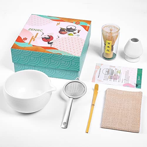 zenrc Ceremony Matcha Kit - Traditional Bamboo Matcha Chasen Chashaku Chawan Bowl with Pouring Spout Whisk Holder Sifter Tea Towel- The Perfect Matcha Set (Ivory White, Set of 6)