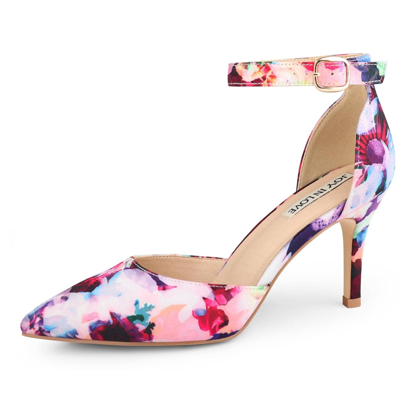 JOY IN LOVE Closed Toe Heels Pumps for Women 3IN Stiletto Pointed Toe Ankle Strap Heels Floral Fabric US65