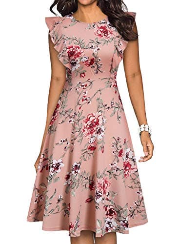 YATHON Women's Vintage Ruffle Floral Flared A Line Swing Casual Cocktail Party Dresses (XL, YT001-Pink Floral 01)