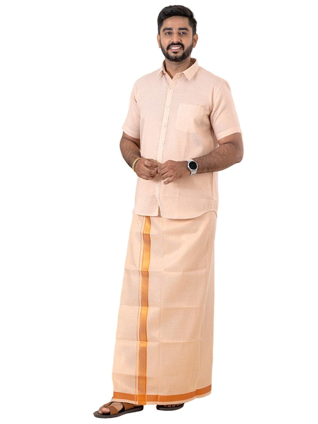 RAMRAJ COTTON Men Tissue Copper Shirt and Dhoti set|Ideal for Festival and Wedding Occassion