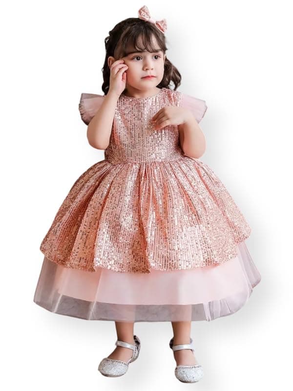 Niren Enterprise Peach Sequin Layered Tulle Skirt & Flutter Sleeves Party Dress for Girls