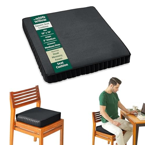 The White Willow Chair Cushion Pad – HR & Memory Foam Seat Cushion for Chair, Car & Floor – Tailbone, Hip & Back Support – Office & Home Sitting Pillow – 16" L x 16" W x 3" H – Midnight Black