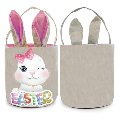 1 Pack Easter Basket with Handle, Canvas Easters Egg Hunt Bunny Baskets for Kids, Happy Easter Tote Bucket with Cute Bunny Ears for Easters Eggs Hunting, Gifts Candies Favors Storage, Pink