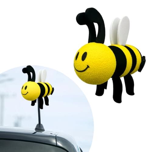 Gasedin Bee Car Antenna Toppers Automotive Roof Lovely Face Bumble Bee Antenna Balls Stickers Decor EVA Funny Cute Honey Bee Antenna Hat for Vehicles Universal Car Accessories White