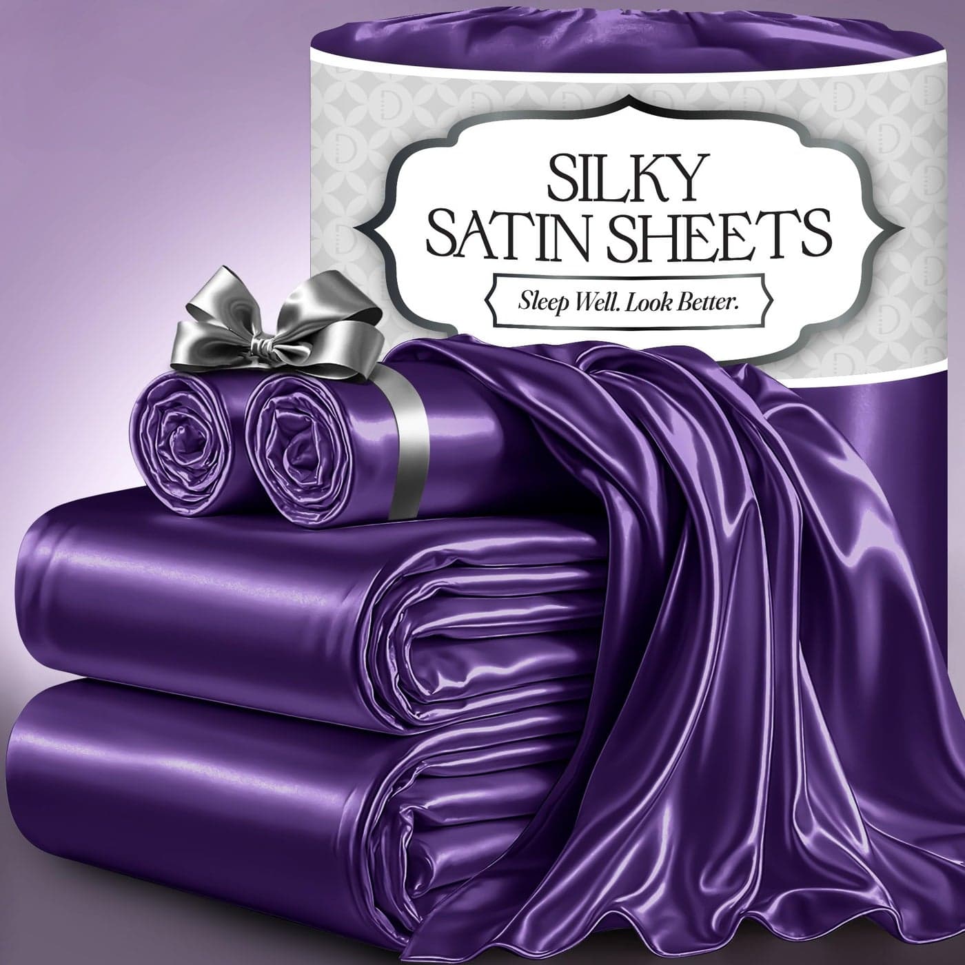 DECOLURE Satin Bed Sheets 4 Piece Luxury Silky Queen Size Bedding Set Softer Than Silk WrinkleFree with 15 Deep Pocket Fitted Sheet Perfect for Hair Skin Gifts for Women Purple