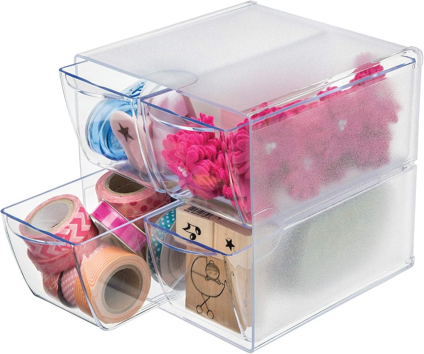 Deflecto Stackable Cube Organizer Desk and Craft Organizer 4 Drawers Clear Removable Drawers and Dividers 6W x 6H x 7 18D 350301CR