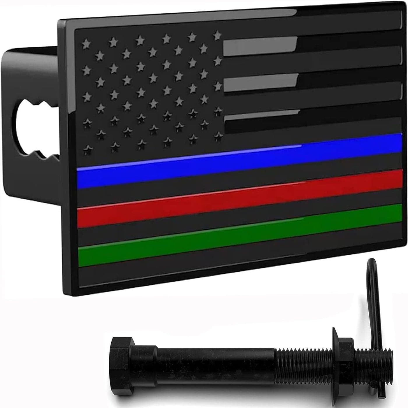 LFPartS USA Flag Emblem Metal Trailer Hitch Cover - Fits 2" Receivers, Black Flag with Thin Blue, Green and Red Lines