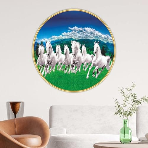 SAF Round 7 Running Horses Wall Art – Golden Frame MDF Decorative Panel – Vastu-Inspired White Horse Painting for Home, Living Room, Office & Entrance – Circle Shape (16 inch x 16 inch)