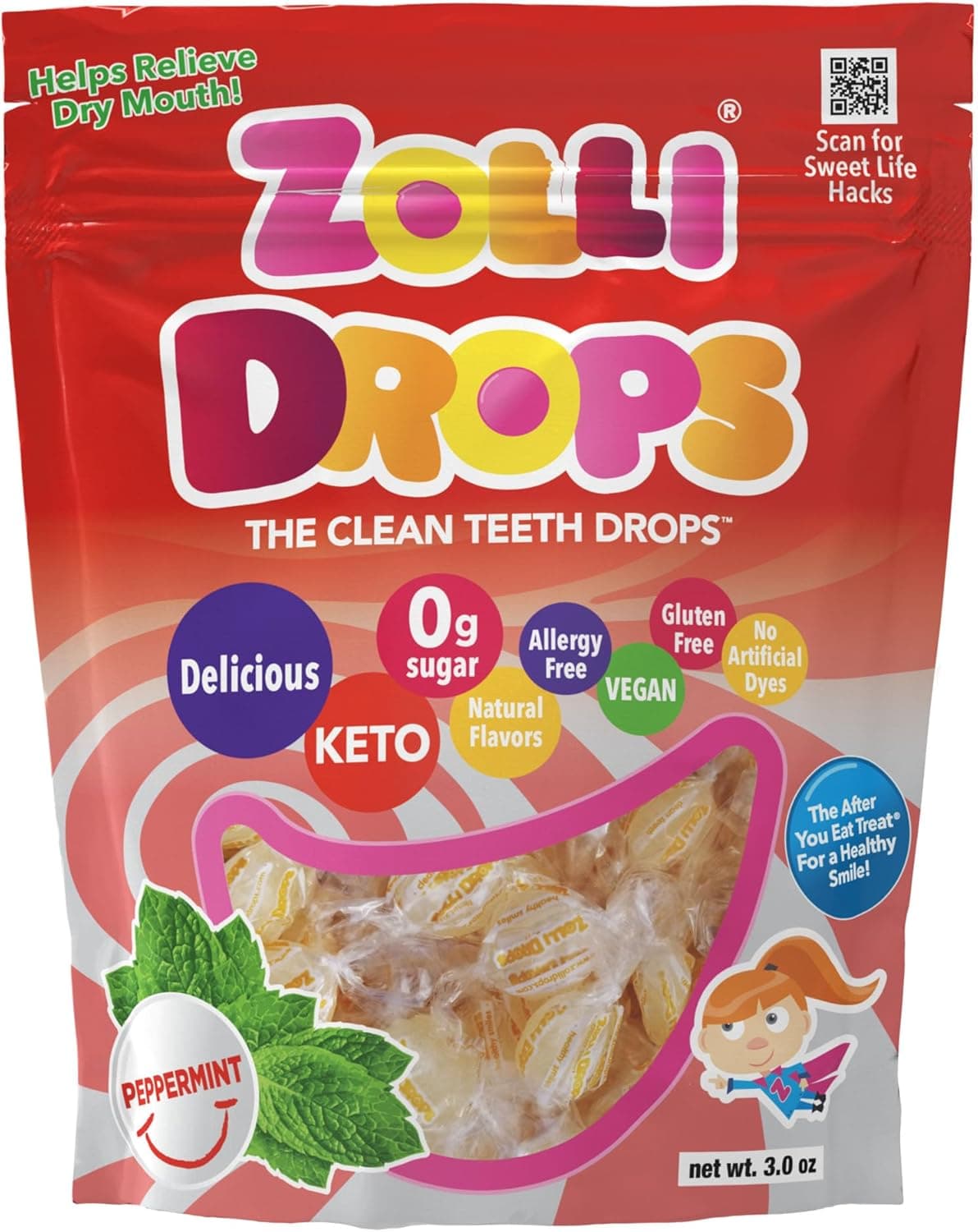 Zollipops Clean Teeth Drops Peppermint - Sugar-Free Candy for Oral Health, 85g