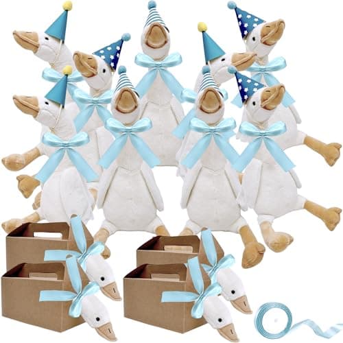 28 Pcs One Silly Goose Party Favors Include 9 Mini Goose Plush Stuffed Animal 9 Boxes 9 Birthday Party Hats and 1 Roll Rope for Adopt a Goose Party Favors Birthday Gifts Color Style 2
