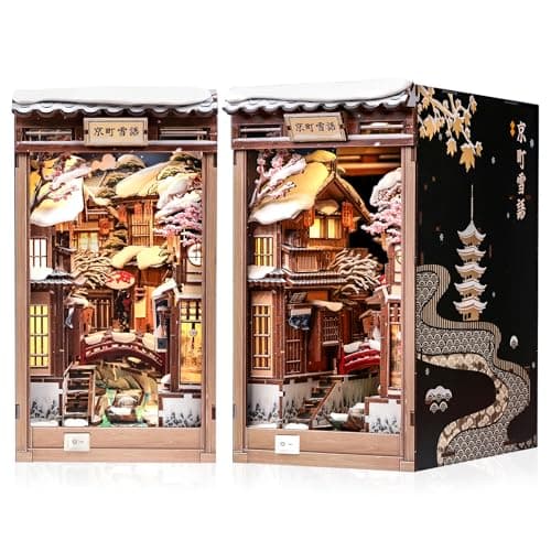 CUTEBEE Book Nook Kit Japanese Style DIY Miniature Winter House LED Light Bookshelf Decor Alley Dollhouse for Adults Teens Gifts for Family Kyoto Snow Whisper