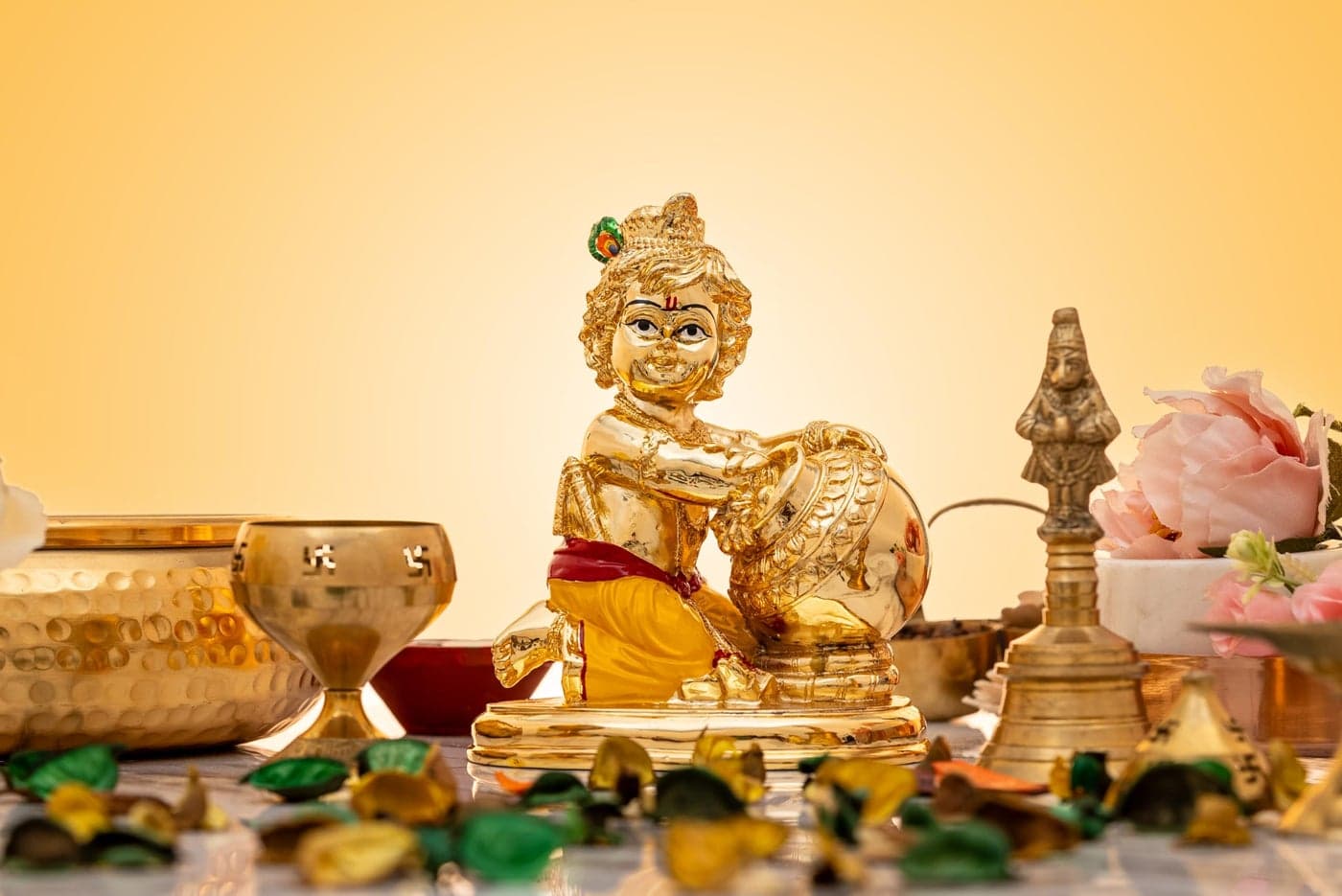 Idolkart Pure 999 Gold Coated Lord Krishna Idol, Handcrafted Laddu Gopal Murti Sculpture, kanha ji ki murti Idol for Pooja Room - Ladoo Gopal Murti Krishna Idol - 4.3 Inch