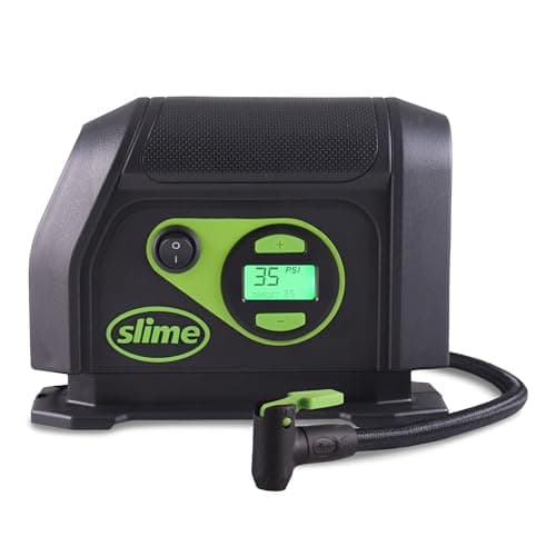 Slime 40051 Tire Inflator, Portable Car Air Compressor, Inflate Right automatic shut off, with Digital 99 psi Display, Long Hose and LED Light, 12V, 6 min inflation