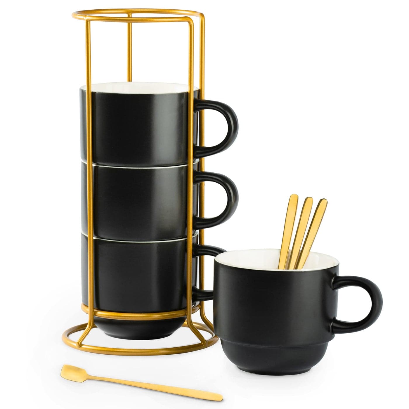 YHOSSEUN Porcelain Stackable Coffee Mugs Set With Rack Espresso Cups with Stand Stir Spoons 11 Oz Coffee Cups Demitasse Cup for Latte Macchiato Cafe Mocha Set of 4 Black