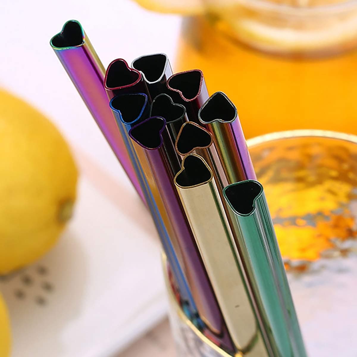 Vilihkc Stainless Steel Straw heartshaped mouth Food Grade Reusable Metal Drinking Straw Set with 1 Cleaning Brushes for Smoothie Milkshake Cocktail and Hot DrinksRandom Color