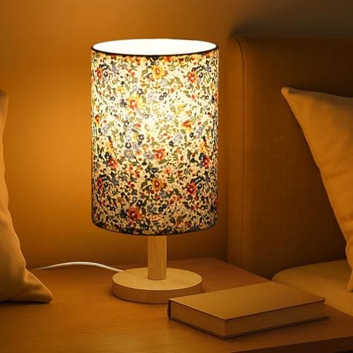 ABOUT SPACE Night Lamp-Floral Themed Bedside Reading Lamp With Wooden Base For Night,Bed Room,Living Room,Home & Decor-Cylindrical Lamp Shades For Living Room With Light (Bulb Included),Incandescent